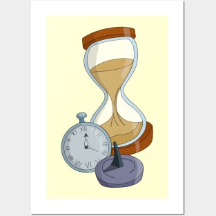 Hourglass, sundial and pocket watch Posters and Art